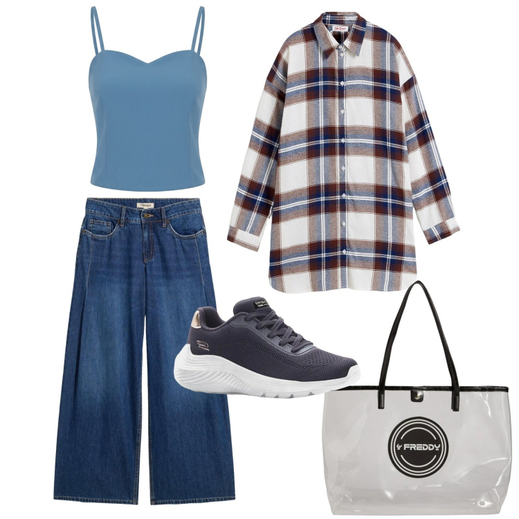 Outfit donna - La camicia over. Stile Basic per Tutti i giorni. Abbinamento con camicie, jeans, sneakers, canottiere, shopping bag.