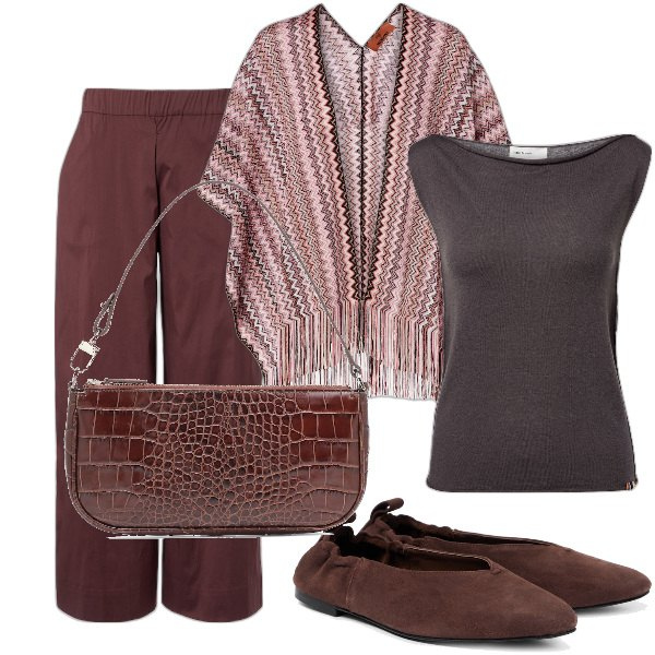 Outfit femme - choco et rose. Style Boho pour Tous les jours. Assortir avec sacs en bandoulière, ballerines, pantalon , hauts, manteaux.