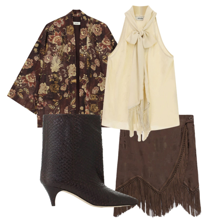 Outfit donna - Dixie - FW26. Stile Vintage retrò per Serata fuori. Abbinamento con kimono, minigonne, top, stivali.