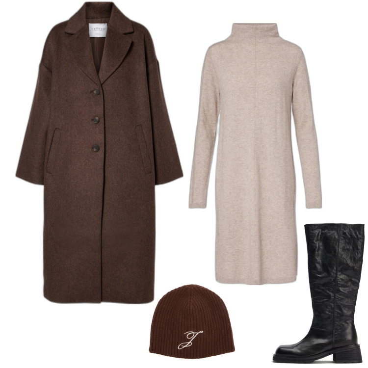 Outfit femme - Robe midi laine et cachemire. Style Casual chic pour Tous les jours. Assortir avec bottes, manteaux, bonnets, robes mi-longues/au genou.