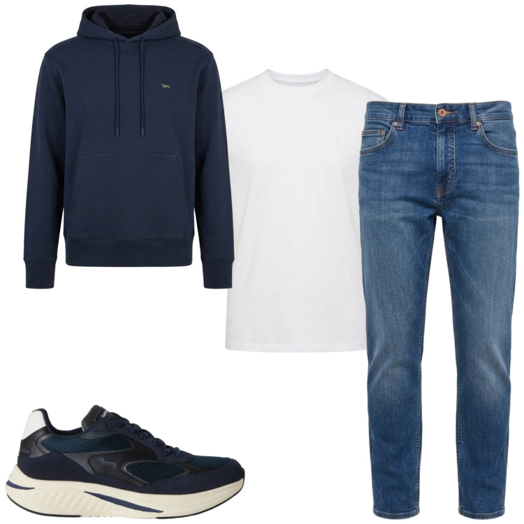 Outfit uomo - Total look #2481898. Stile Trendy per Tutti i giorni. Abbinamento con sneakers, jeans, t-shirt, felpe con cappuccio.