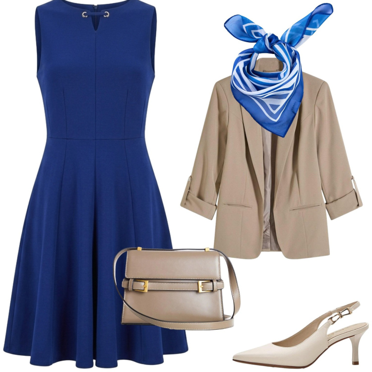 Outfit donna - Total look #2481901. Stile Bon Ton per Cerimonia. Abbinamento con décolleté, foulard, borse a tracolla, blazer, vestiti corti.