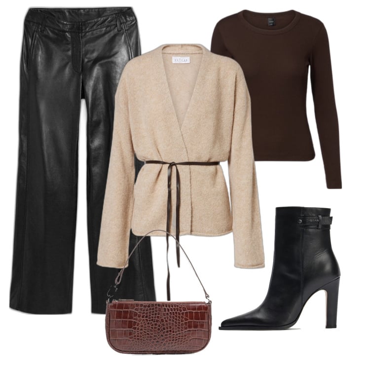 Outfit femme - Pantalon ample en cuir d’agneau. Style Tendance pour Tous les jours. Assortir avec pantalon large en bas, sacs en bandoulière, bottes, t-shirts, gilets.