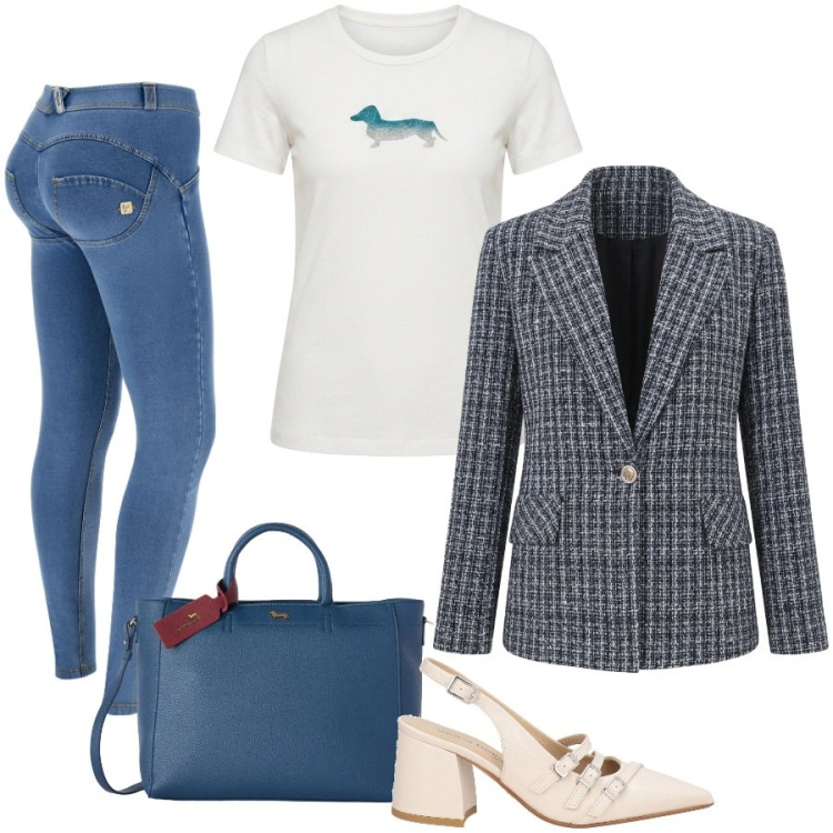 Outfit donna - Al lavoro. Stile Casual chic per Ufficio. Abbinamento con borse a mano, t-shirt, jeggings, blazer, décolleté.