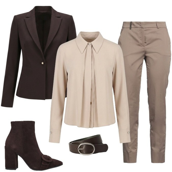 Outfit donna - Boss Lady in Earth Tones. Stile Casual chic per Ufficio. Abbinamento con cinture, blazer, camicie, pantaloni, stivaletti.