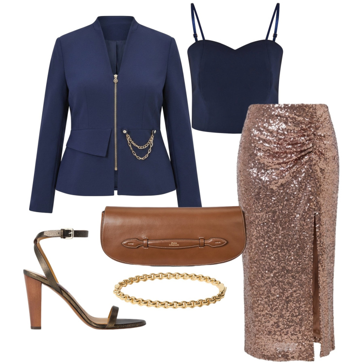 Outfit donna - Ottobre. Stile Chic per Cerimonia. Abbinamento con top, blazer, gonne longuette, clutch, sandali col tacco, braccialetti.