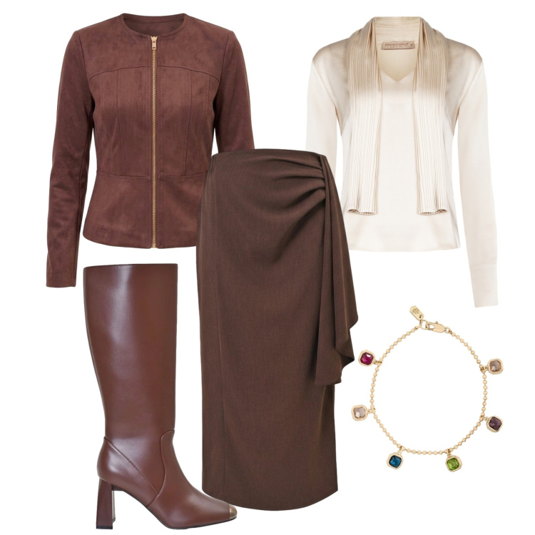 Outfit donna - Ottobre. Stile Chic per Cerimonia. Abbinamento con braccialetti, stivali sopra il ginocchio, gonne longuette, blazer, bluse.
