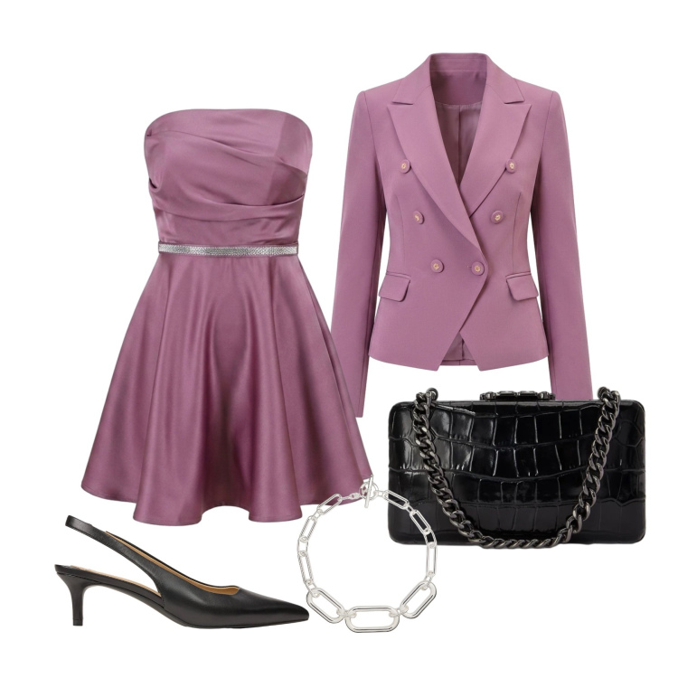 Outfit donna - Ottobre. Stile Chic per Cerimonia. Abbinamento con décolleté, collane, clutch, blazer, vestiti corti.