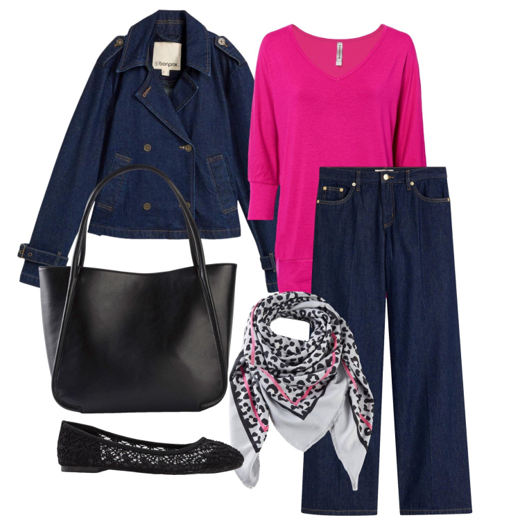 Outfit donna - Ottobre. Stile Casual per Tutti i giorni. Abbinamento con trench, maglieria, ballerine, foulard, jeans, shopping bag.