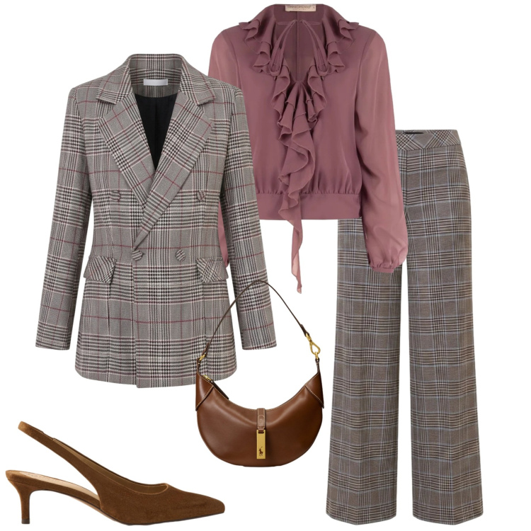 Outfit donna - Invito d'autunno. Stile Chic per Cerimonia. Abbinamento con borse a spalla, décolleté, bluse, blazer, pantaloni.