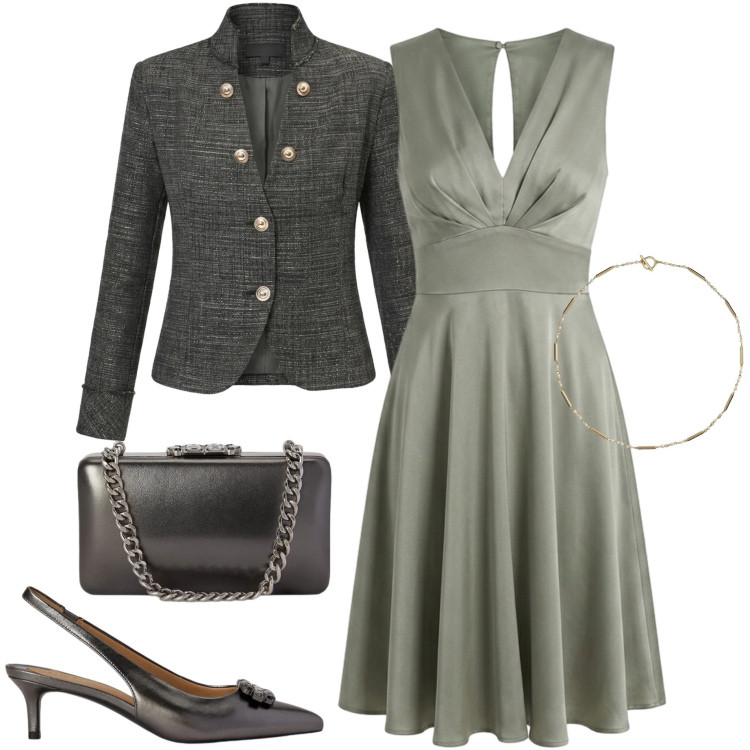 Outfit donna - Invito d'autunno. Stile Chic per Cerimonia. Abbinamento con décolleté, collane, clutch, blazer, vestiti senza maniche.