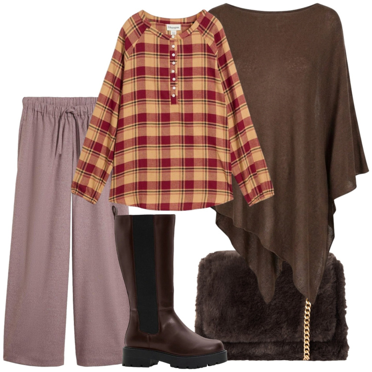 Outfit donna - Total look #2481928. Stile Casual chic per Ufficio. Abbinamento con pantaloni a palazzo, bluse, stivali, borse a tracolla, cappotti.