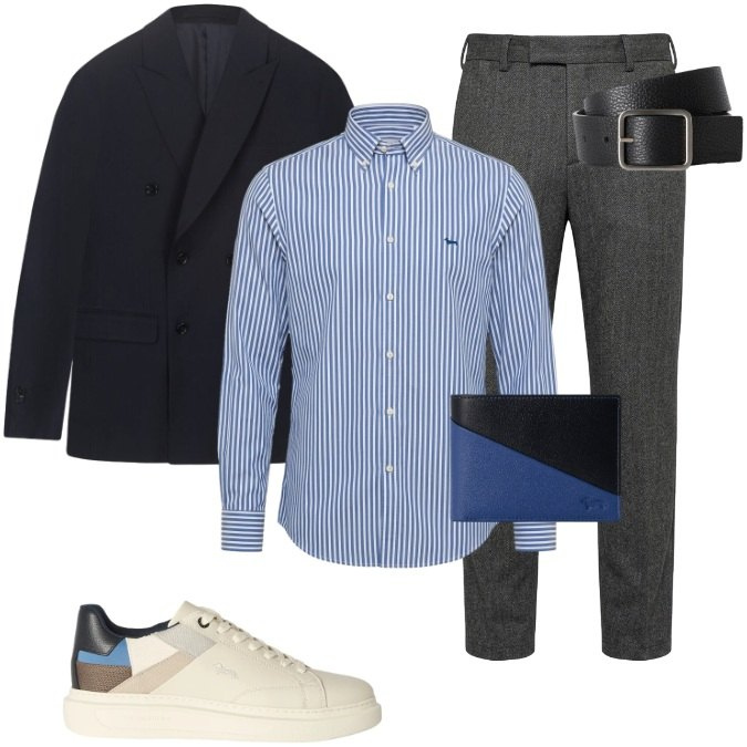 Outfit uomo - Contrasti Sartoriali. Stile Casual per Ufficio. Abbinamento con sneakers, cinture, pantaloni, camicie, portafogli, giacche.
