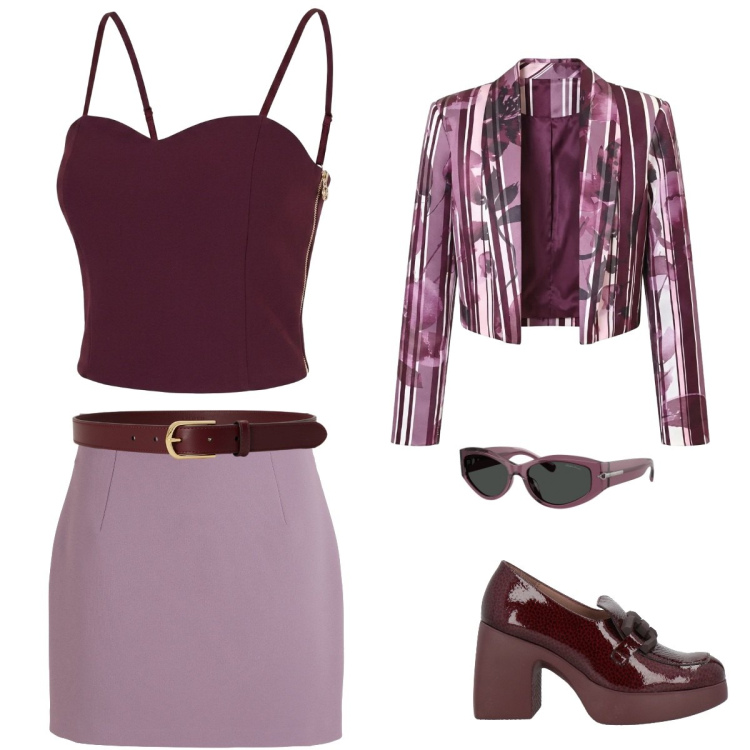 Outfit donna - Wine. Stile Glamour per Serata fuori. Abbinamento con cinture, occhiali da sole, blazer, top, minigonne, mocassini.