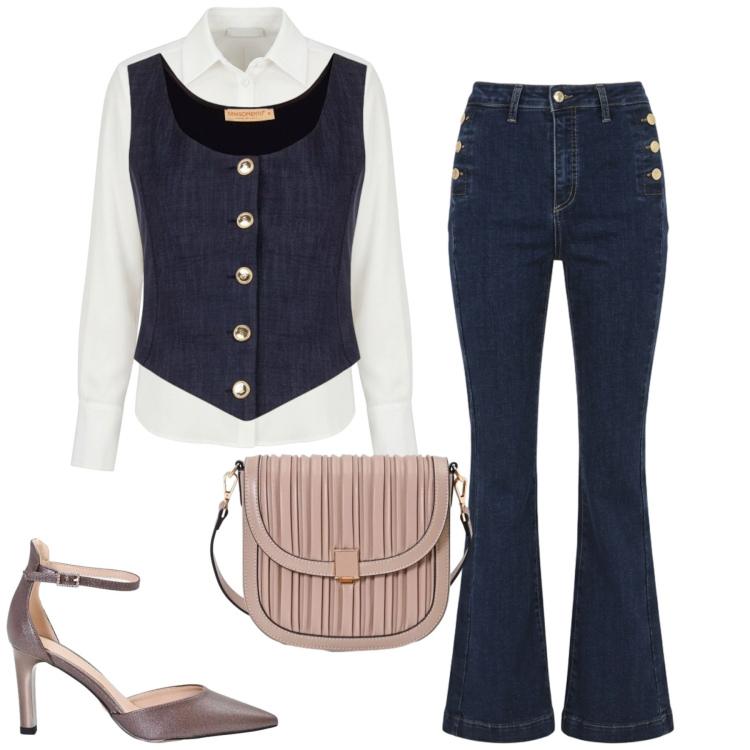 Outfit donna - City. Stile Casual chic per Tutti i giorni. Abbinamento con borse a tracolla, décolleté, camicie, gilet, jeans a zampa.