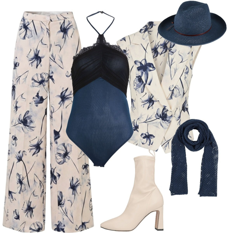 Outfit donna - Incontro con CEO. Stile Glamour per Serata fuori. Abbinamento con gilet, pantaloni a palazzo, cappelli, stivaletti, sciarpe, body.