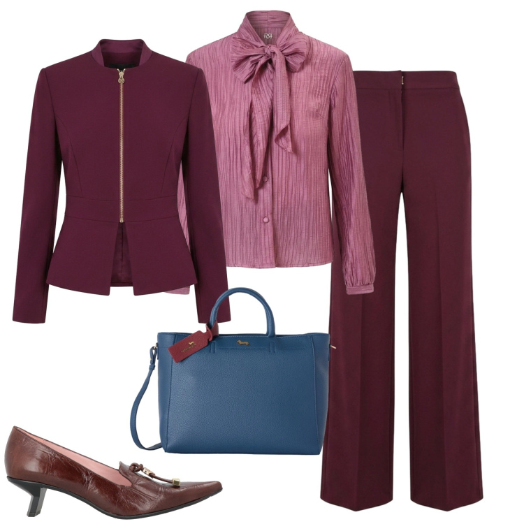 Outfit donna - City. Stile Urban per Tutti i giorni. Abbinamento con borse a mano, camicie, pantaloni a palazzo, blazer, décolleté.