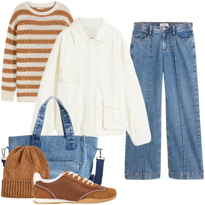 Outfit donna - Intrecci d'Autunno: Comfort e Stile. Stile Casual chic per Tutti i giorni. Abbinamento con jeans, maglieria, cappotti, borse a mano, sneakers, berretti.