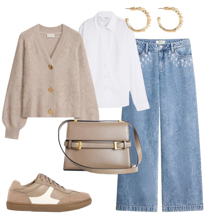 Outfit donna - City. Stile Casual chic per Tutti i giorni. Abbinamento con jeans, cardigans, borse a tracolla, camicie, sneakers, orecchini.