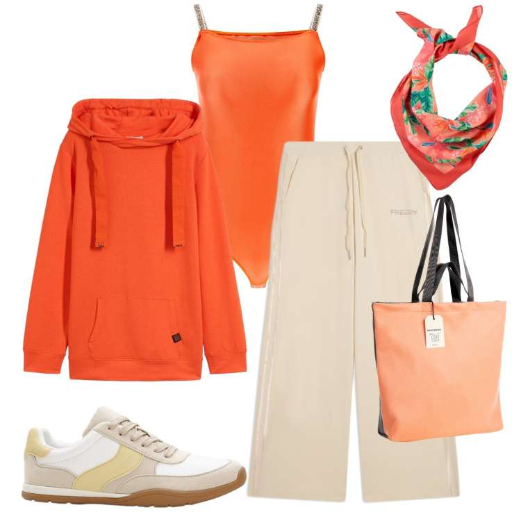 Outfit donna - Colore in autunno. Stile Sporty chic per Tutti i giorni. Abbinamento con sneakers, foulard, felpe con cappuccio, borse tote, top, pantaloni.