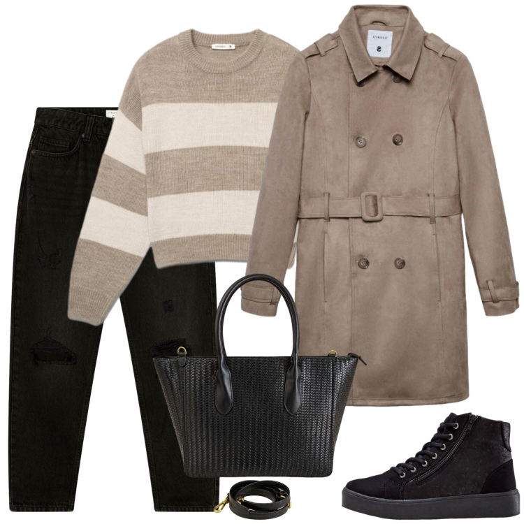 Outfit donna - Ispettore Gadget. Stile Casual per Scuola/Università. Abbinamento con sneakers alte, jeans mom, trench, maglieria, shopping bag.