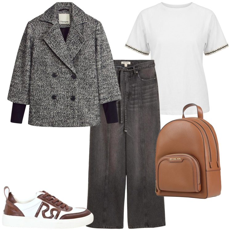 Outfit donna - City. Stile Casual chic per Tutti i giorni. Abbinamento con zaini, jeans, caban, t-shirt, sneakers.