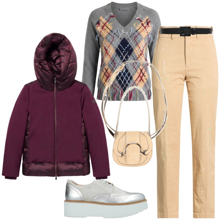 Outfit donna - Università. Stile Casual per Scuola/Università. Abbinamento con maglieria, piumini, cinture, scarpe stringate, pantaloni, marsupi.