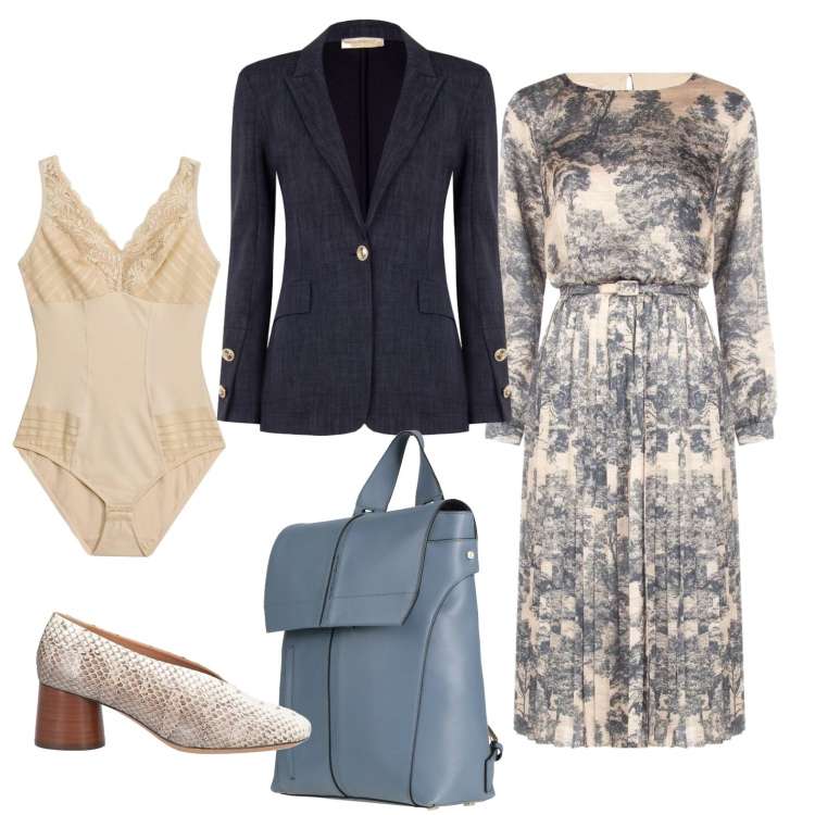Outfit donna - Impeccabile in ufficio. Stile Bon Ton per Ufficio. Abbinamento con zaini, décolleté, body, blazer, vestiti midi/longuette.