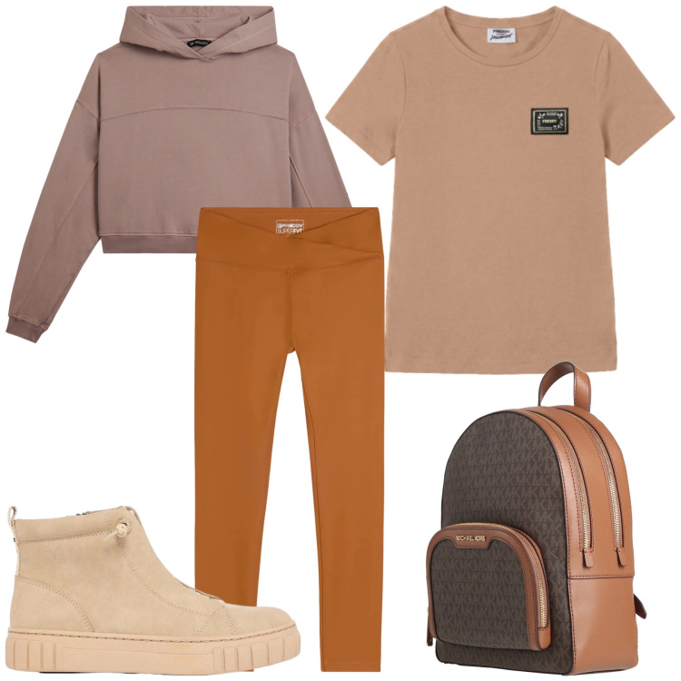 Outfit donna - Total look #2482105. Stile Casual chic per Tutti i giorni. Abbinamento con leggings, felpe con cappuccio, t-shirt, zaini, sneakers alte.