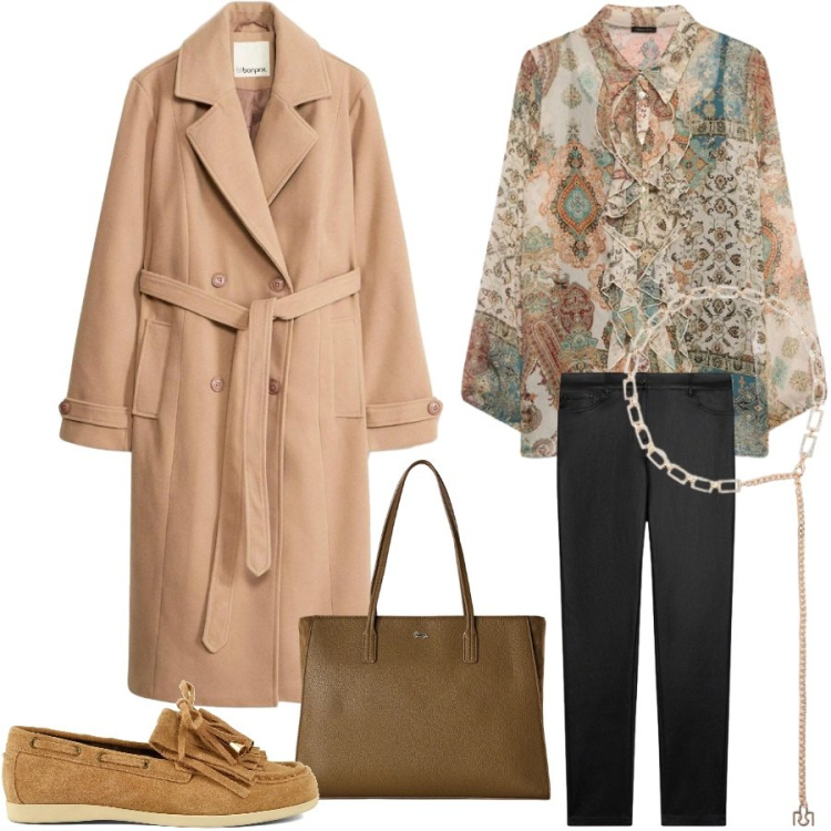 Outfit donna - Trench protagonista. Stile Casual chic per Tutti i giorni. Abbinamento con shopping bag, pantaloni skinny, camicie, cinture, mocassini, trench.