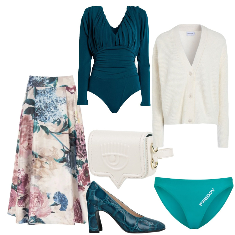 Outfit donna - Bon ton con la gonna floreale. Stile Bon Ton per Tutti i giorni. Abbinamento con culotte, gonne longuette, décolleté, body, marsupi, cardigans.