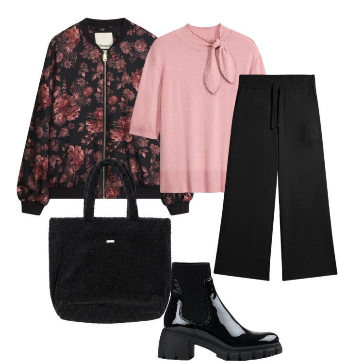 Outfit donna - Romanticismo e grinta. Stile Urban per Tutti i giorni. Abbinamento con stivaletti, maglieria, bomber, pantaloni, borse a mano.