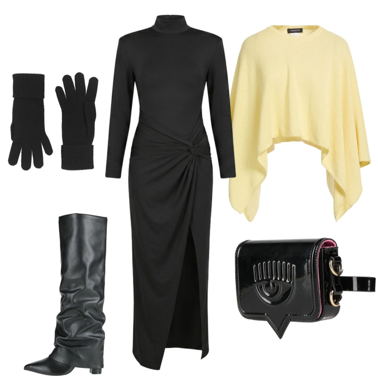 Outfit donna - Abito sensuale e poncho. Stile Glamour per Serata fuori. Abbinamento con guanti, cappotti, marsupi, stivali, vestiti lunghi.