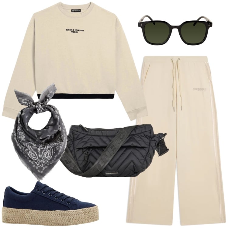 Outfit donna - Sporty. Stile Sporty chic per Tutti i giorni. Abbinamento con sneakers, foulard, marsupi, pantaloni, felpe, occhiali da sole.