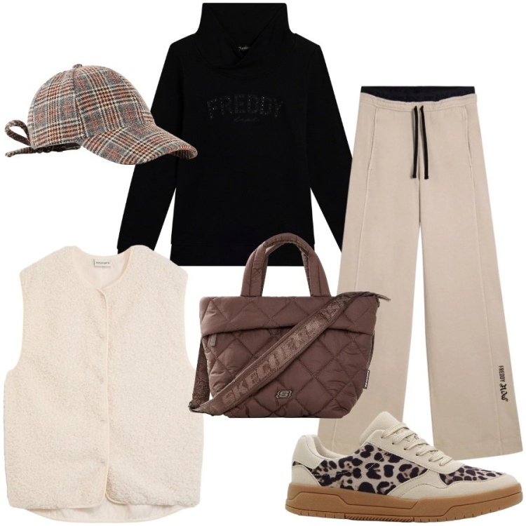 Outfit donna - Sportiva. Stile Sporty chic per Tutti i giorni. Abbinamento con piumini, sneakers, borse tote, cappelli con visiera, pantaloni, felpe.