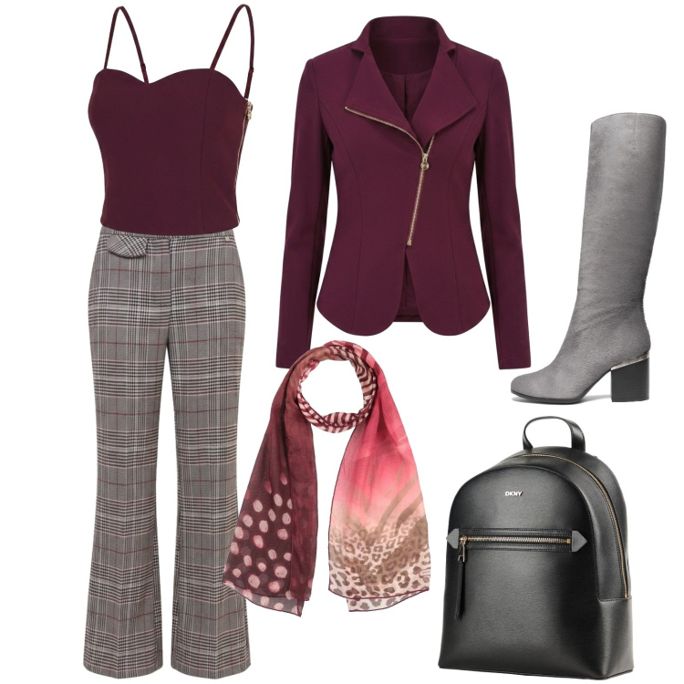 Outfit donna - Palette autunnale. Stile Casual chic per Tutti i giorni. Abbinamento con zaini, stivali, sciarpe, top, blazer, pantaloni.