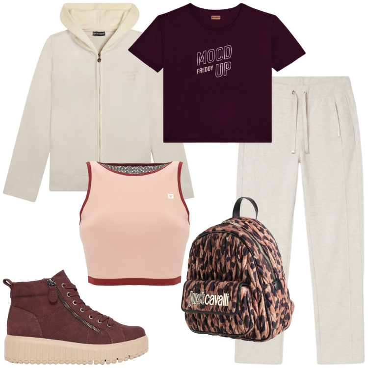 Outfit donna - Sportiva. Stile Sporty chic per Sport. Abbinamento con zaini, sneakers alte, felpe con cappuccio, pantaloni, t-shirt, top sportivi.