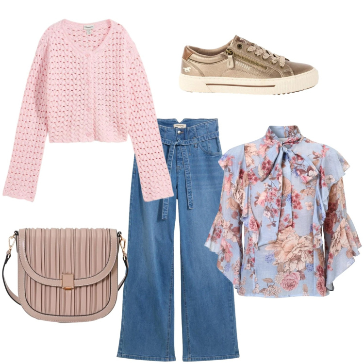 Outfit donna - Di corsa al supermercato. Stile Basic per Tutti i giorni. Abbinamento con bluse, borse a tracolla, sneakers, cardigans, jeans.