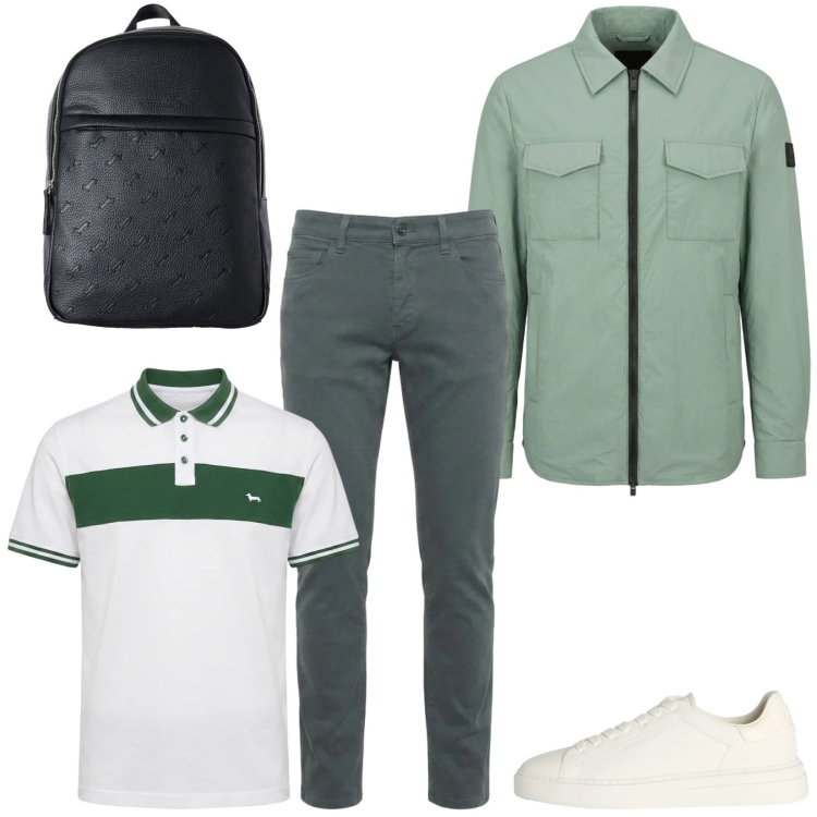 Outfit uomo - Sfumature di verde. Stile Casual per Tutti i giorni. Abbinamento con jeans slim fit, borse sportive, sneakers, polo, giacche.
