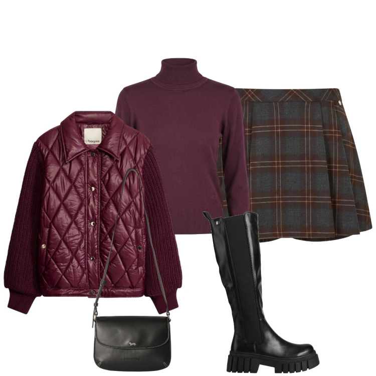 Outfit donna - Stile college. Stile Preppy per Tutti i giorni. Abbinamento con borse a tracolla, minigonne, pullovers, stivali, bomber.