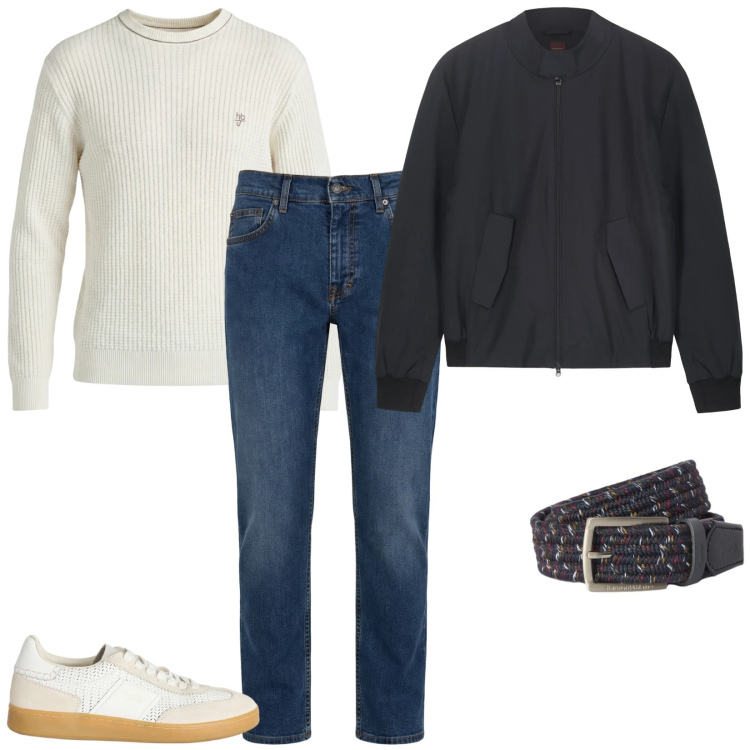 Outfit uomo - Per tutte le occasioni. Stile Casual per Tutti i giorni. Abbinamento con cinture, jeans, sneakers, maglieria, bomber.
