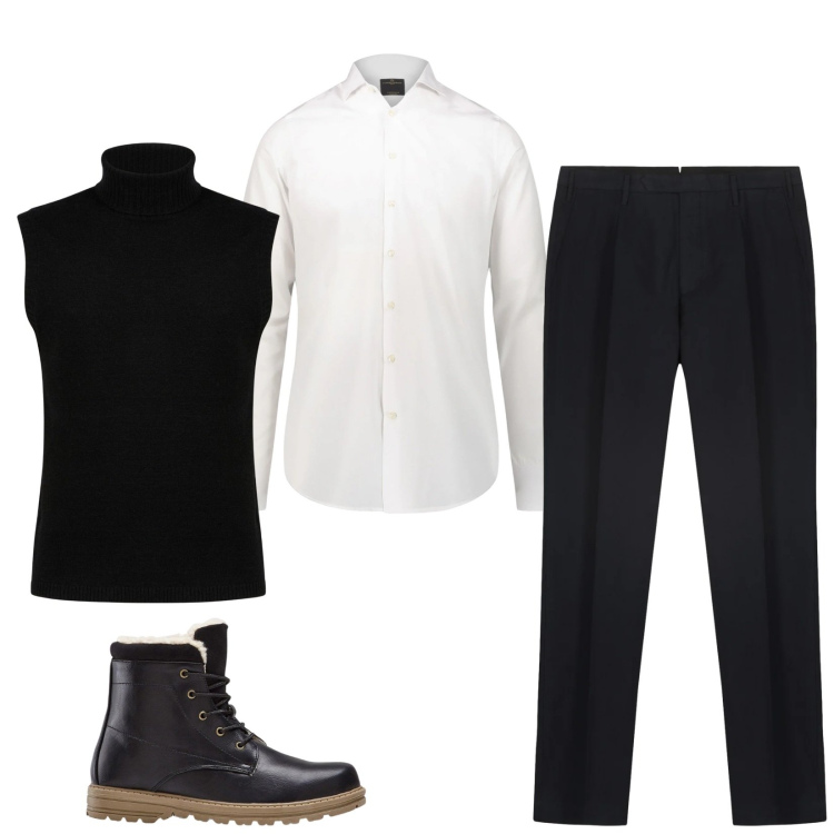 Outfit uomo - Total look #2482152. Stile Casual per Ufficio. Abbinamento con camicie, pantaloni, gilet, stivali e stivaletti.