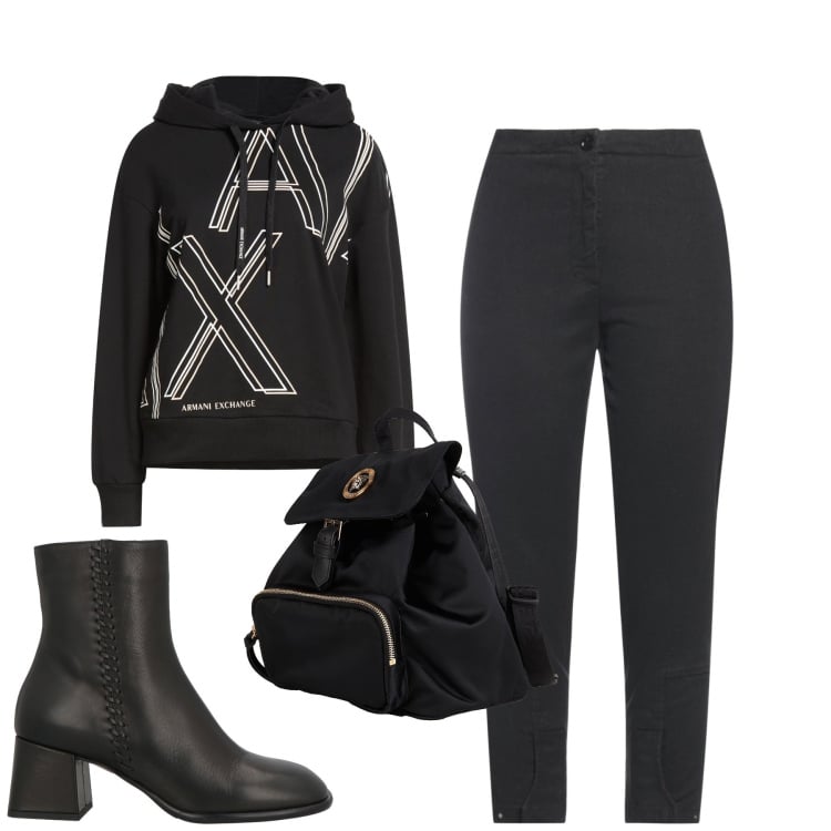 Outfit donna - City. Stile Casual chic per Tutti i giorni. Abbinamento con zaini, jeans slim fit, stivaletti, felpe con cappuccio.