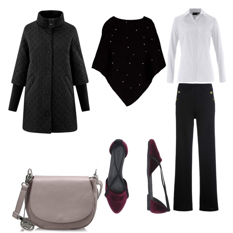 Outfit donna - Bon Ton, di mercoledì. Stile Bon Ton per Tutti i giorni. Abbinamento con camicie, t-shirt, ballerine con strass senza tacco con punta tonda in velluto tinta unita, cappotto collo alto con bottoni nero, poncio con perle girocollo senza maniche in in maglia taglia unica nero, borse a spalla.