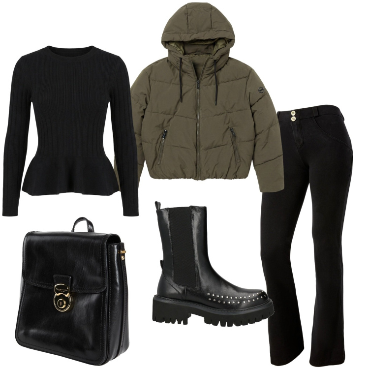 Outfit donna - Il bomberino verde militare. Stile Basic per Scuola/Università. Abbinamento con zaini, stivaletti chelsea, maglieria, jeggings, piumini.