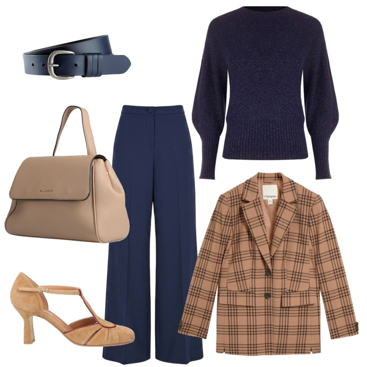 Outfit donna - Il blazer check sul completo tinta unita. Stile Chic per Ufficio. Abbinamento con maglieria, pantaloni a palazzo, décolleté, zaini, cinture, blazer.