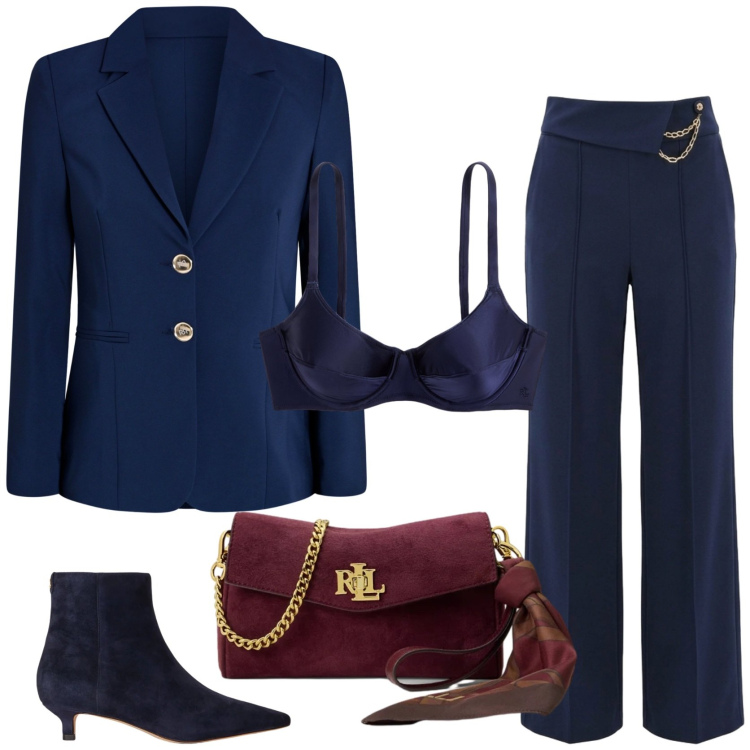 Outfit donna - Tailleur blu versatile ed elegante. Stile Chic per Cerimonia. Abbinamento con reggiseni, borse a tracolla, stivaletti, pantaloni, blazer.