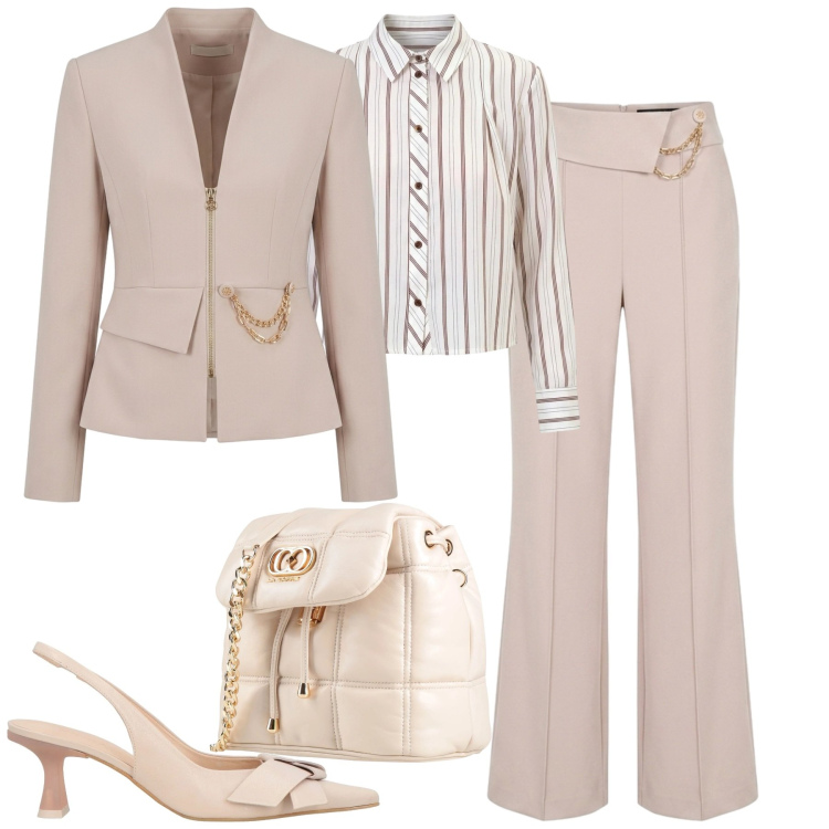 Outfit donna - Chic. Stile Chic per Tutti i giorni. Abbinamento con décolleté, valigie, camicie, pantaloni, blazer.