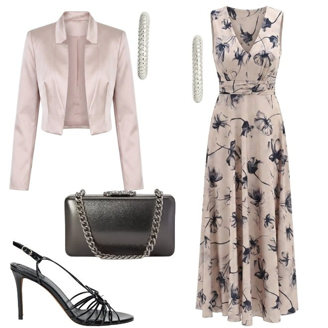 Outfit donna - Fiori blu. Stile Chic per Cerimonia. Abbinamento con vestiti lunghi, bolero, orecchini, clutch, sandali in pelle.