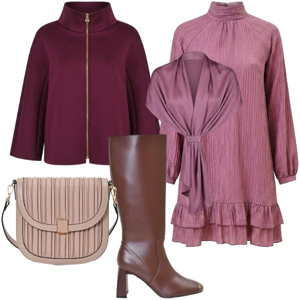 Outfit donna - Invito d'autunno. Stile Trendy per Cerimonia. Abbinamento con vestiti corti, cappotti, borse a tracolla, stole, stivali sopra il ginocchio.